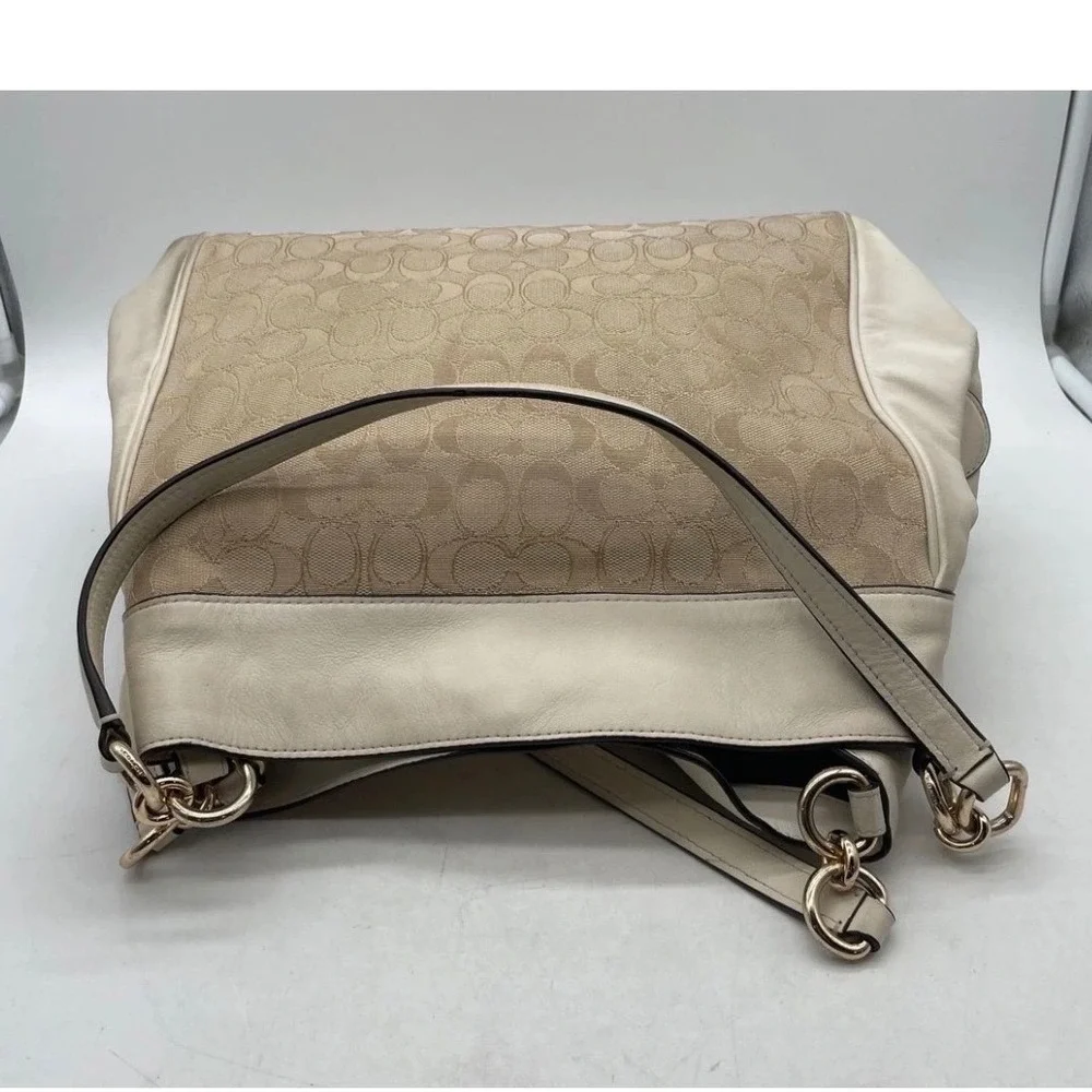 Coach Signature Jacquard Leather Hobo Bag Cream Beige Gold Hardware